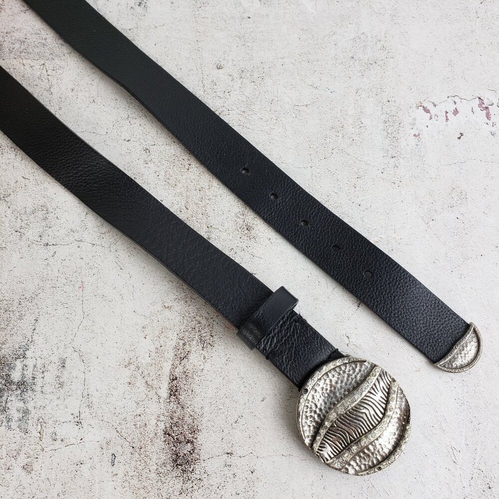 Vintage Chico's Genuine Leather Belt Engraved Buckle Rhinestones Black Boho L
